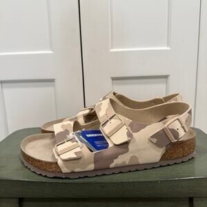 NEW BIRKENSTOCK MILANO SOFT FOOTBED "DESERT CAMO" SLIDES SZ 45 MENS! - 9153